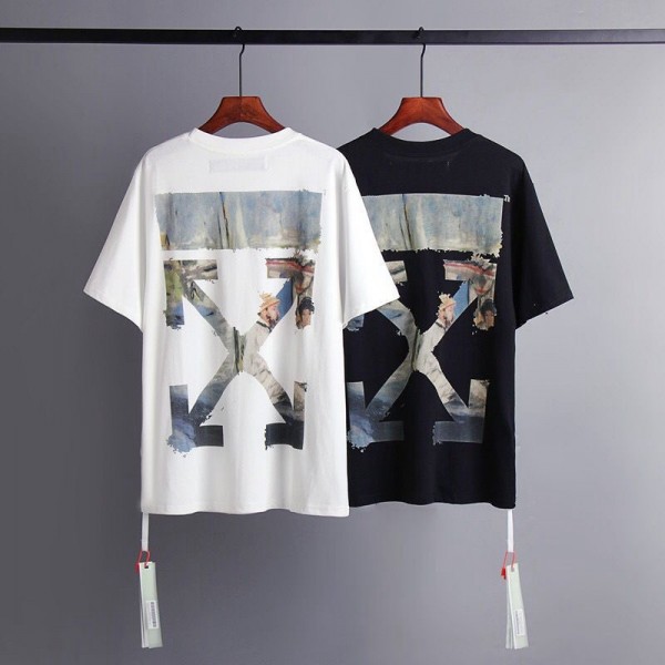 オフホワイト/OFF-WHITE Tシャツ半袖ペアお揃い お洒落個性コットン製ティシャツ短袖潮流
