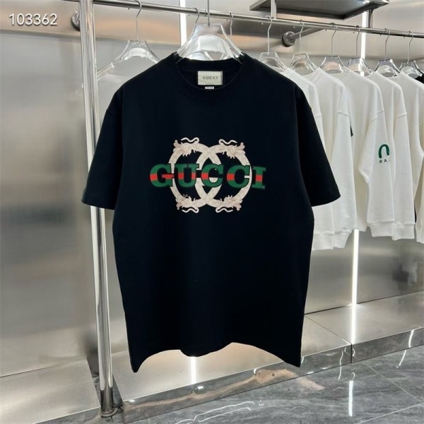 グッチ2024半袖カジュアルゆったり版GGプリント男女Tシャツトレンドカップルコットン半袖