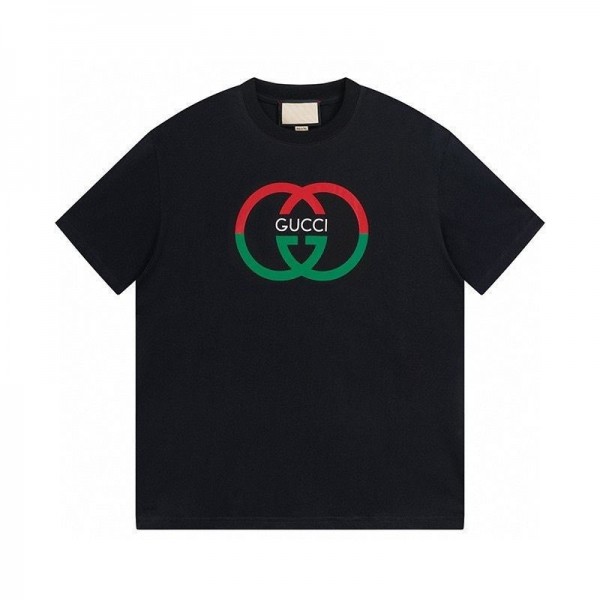 2024夏の新作グッチファッション赤と緑のパッチワークカラーロゴプリント男女同型半袖Tシャツ