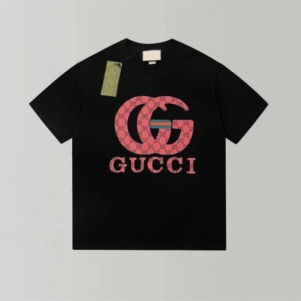 2024新型グッチ半袖トレンド新型赤緑文字ggプリント丸首コットンTシャツ男女ファッション