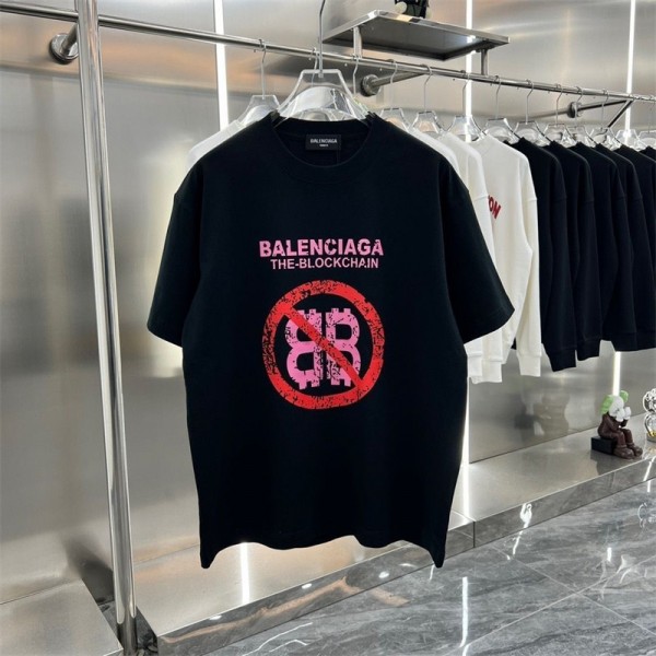2024夏Balenciaga新型ダブルBアルファベット丸首半袖コットンプリントTシャツゆったり男女夏半袖