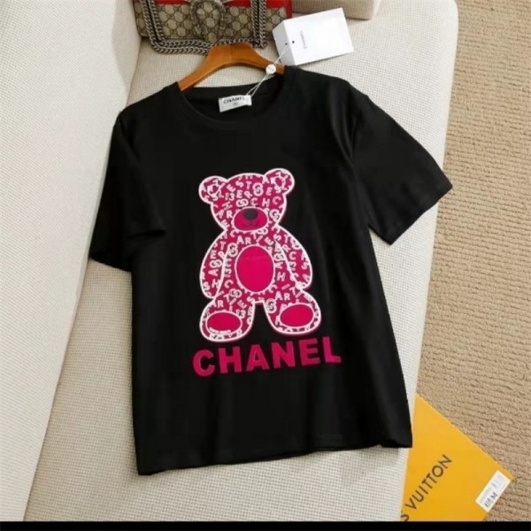 新型シャネル可愛い赤クマ半袖プリントコットンchanelゆったりトレンディTシャツ男女の半袖百合
