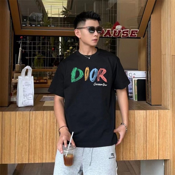 夏の新作DIOR高品質ファッションブランドカジュアルアルファベットプリントカップルゆったり男女Tシャツクルーネック半袖