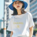 シャネル/Chanel 純綿半袖Tシャツ男女カップルカジュアルゆったりファッション ゴールドロゴプリント