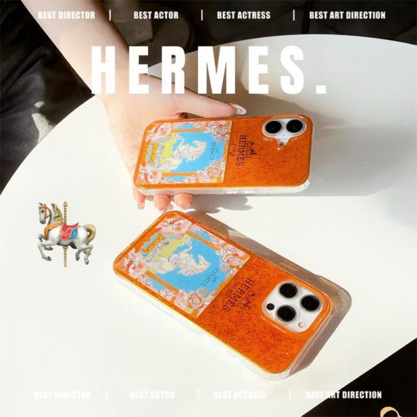 エルメス風オレンジグリッターデザイン iPhone14 15 16 スマホケース