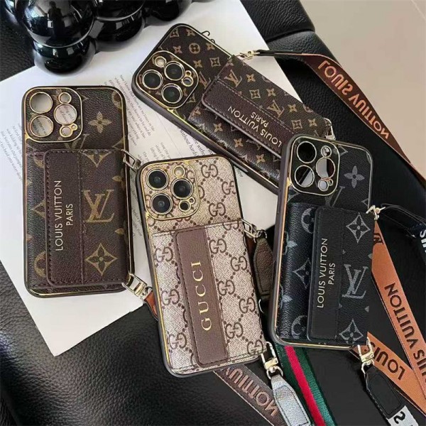LV・Gucci 風ブランドモノグラム ストラップ付きカードポケット iPhone16 iphone15 スマホケース