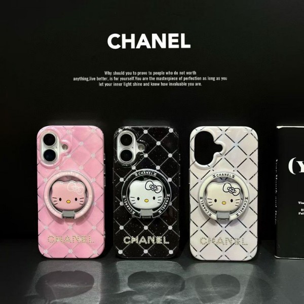 Chanel 風クォイルステッチ Hello Kitty スタンド付き iPhone17 16 スマホケース 可愛らしさと高級感を両立した保護アイテム