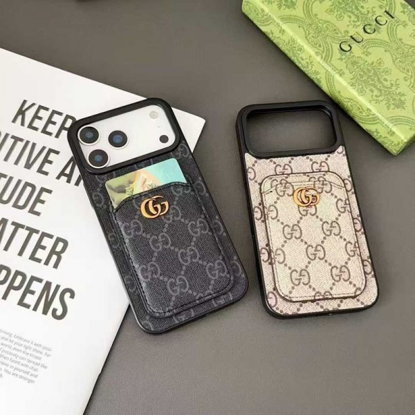 Gucci 風 GG ロゴカードポケット付き iPhone17 16 15 スマホケース 実用性と高級感を両立した保護アイテム