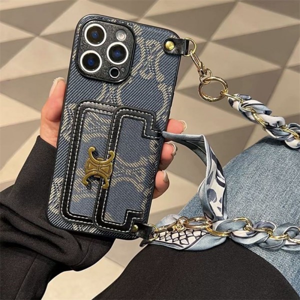 セリーヌ風モノグラムスカーフチェーン iPhone17 16 15 スマホケース 高級感と実用性を両立したファッションアイテム