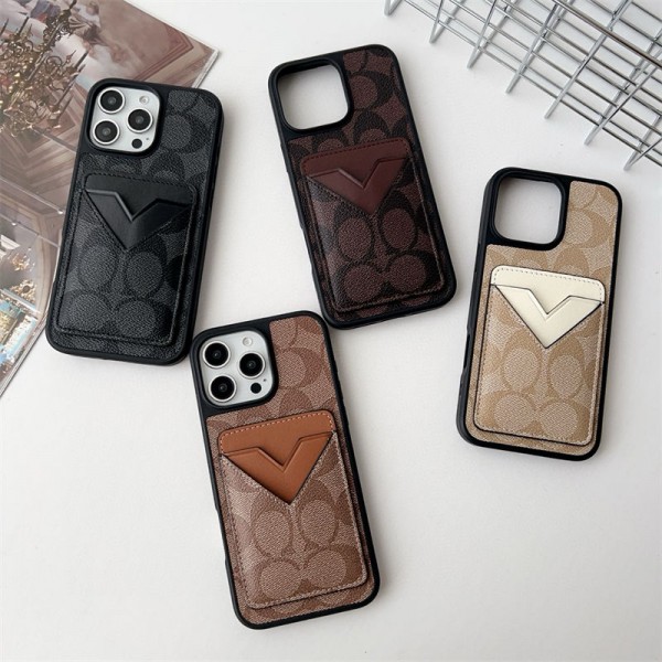 Coach 風モノグラム V 型カードポケット付き多色 iPhone16 13 スマホケース galaxy s25高級感と実用性を両立したファッションアイテム